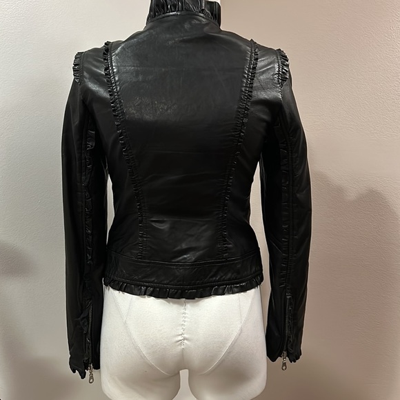 ❌Kenna-t Black Soft Leather Bomber Biker Moto Jacket Ruffle Leopard Lining Small - Picture 6 of 14